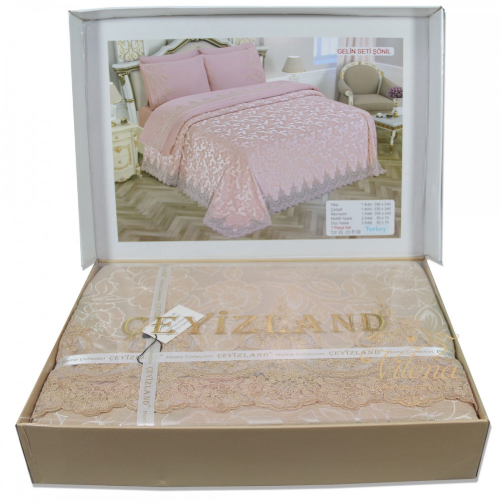 Комплект постельного белья с гипюром+Покрывало Ceyizland Gelin Seti Sonil EURO MG-00083