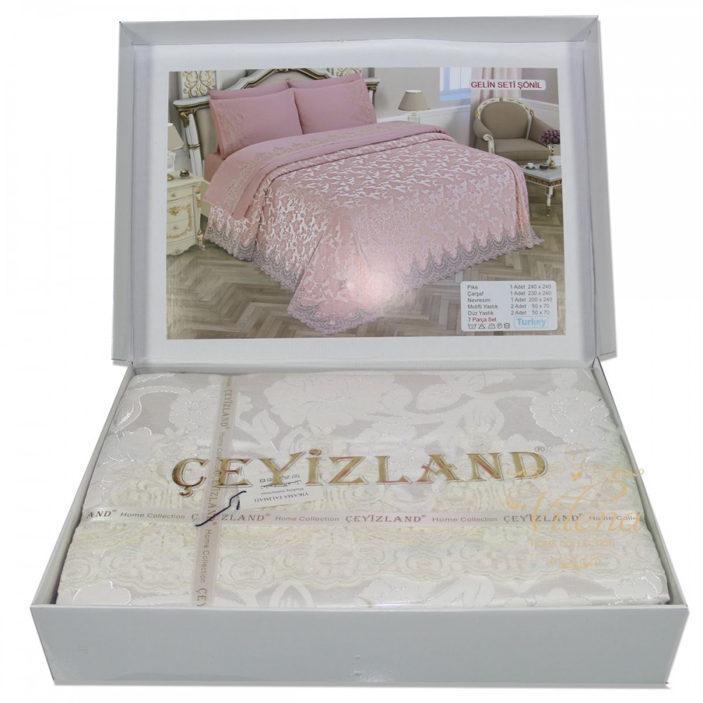 Комплект постельного белья с гипюром+Покрывало Ceyizland Gelin Seti Sonil EURO MG-00087